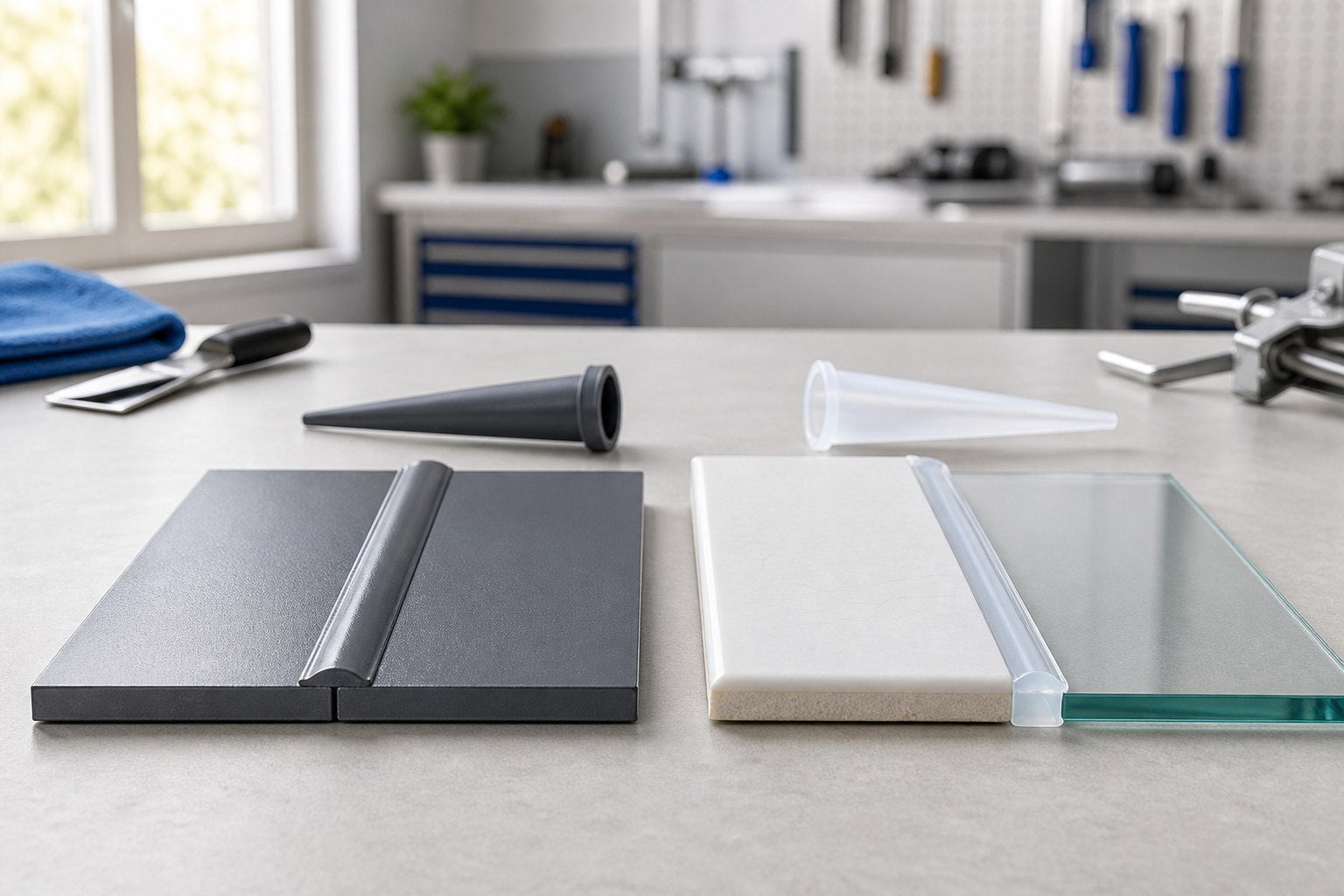 Vergleich einer Klebedichtfuge auf Metall mit einer transparenten Silikonfuge an Glas und Fliese