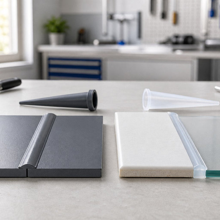 Vergleich einer Klebedichtfuge auf Metall mit einer transparenten Silikonfuge an Glas und Fliese