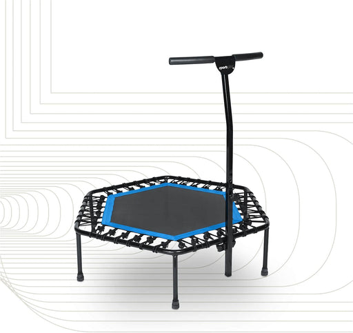 Fitness Trampolin für zuhause | auch mit Klappfunktion, mit Haltestange (5-fach höhenverstellbar), weiche Gummiseilfederung, sehr leise 