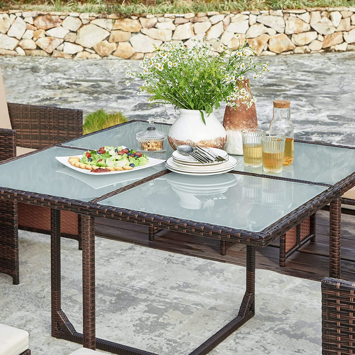 Gartenmöbel-Set Polyrattan Lounge, Esszimmermöbel, Esstisch und Stühle, 9er Set, aus PE-Rattan, Terrassenmöbel, Couchtisch mit Glasoberfläche, mit Kissen