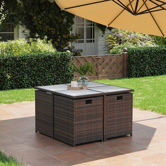 Gartenmöbel-Set Polyrattan Lounge, Esszimmermöbel, Esstisch und Stühle, 9er Set, aus PE-Rattan, Terrassenmöbel, Couchtisch mit Glasoberfläche, mit Kissen
