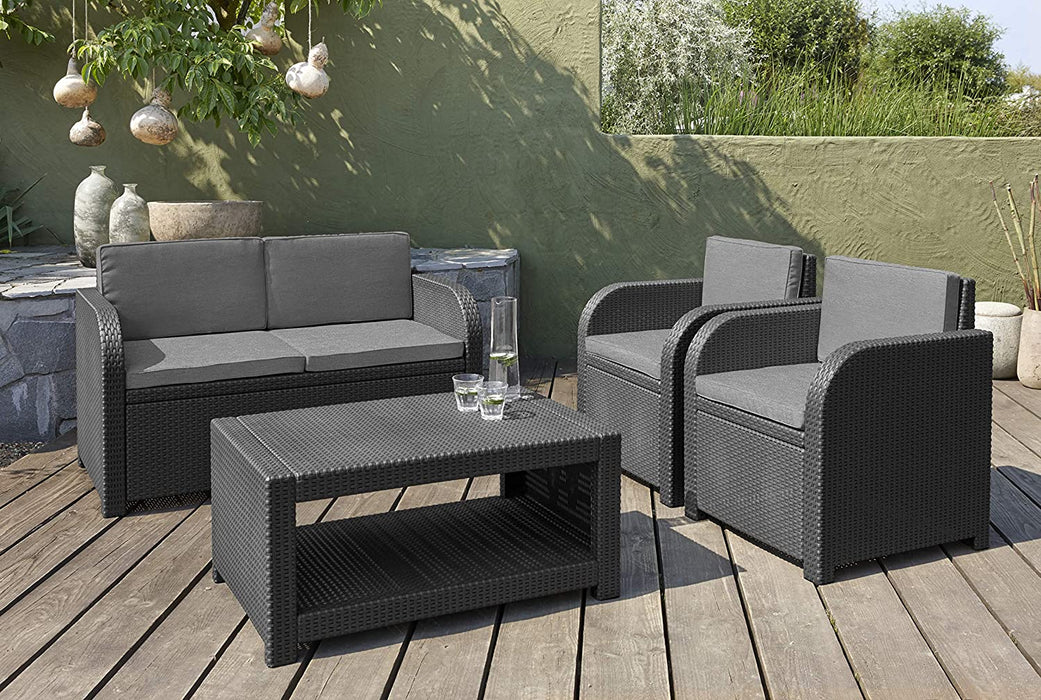 Lounge Gartenmöbel Set 4teilig, mit Sitzkissen, für Garten, Terrasse und Balkon, grau, wetterfest, Sitzgruppe aus Beistelltisch 