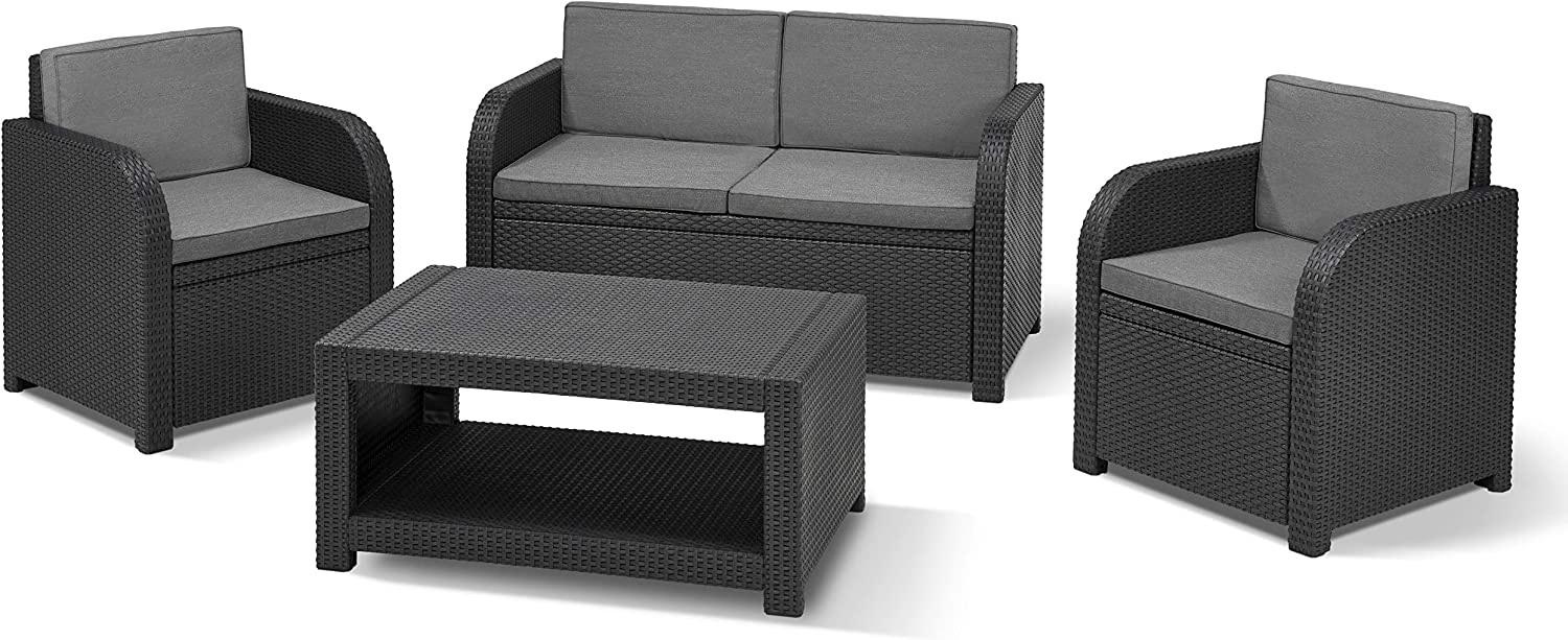 Lounge Gartenmöbel Set 4teilig, mit Sitzkissen, für Garten, Terrasse und Balkon, grau, wetterfest, Sitzgruppe aus Beistelltisch 