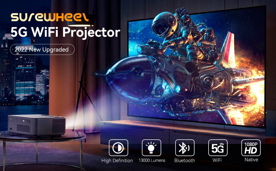 WiFi Beamer, 13000 Lumen Mini 5G Beamer 4K Full HD 200 Zoll Heimkino Projektor, 4P&4D Zoom/Staubfilter/Bluetooth Beamer Kompatibel 