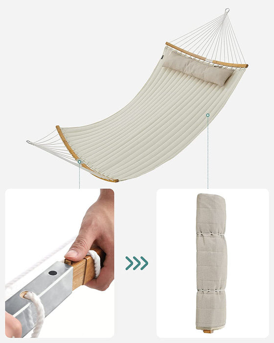 Hängematte für 2 Personen, gepolstert, gesteppt, mit teilbaren gebogenen Bambusstangen, mit Kissen, Oxford-Gewebe, 200 x 140 cm, bis 225 kg