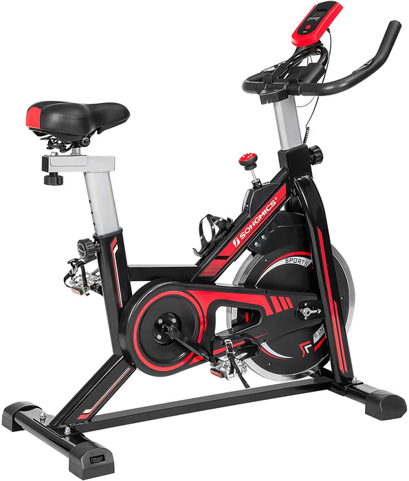 Heimtrainer, Fitnessfahrrad, Hometrainer, mit verstellbarem Lenker, Sitz und Widerstand, Pulsmessung, Pedale mit Fußkorb, schwarz-rot