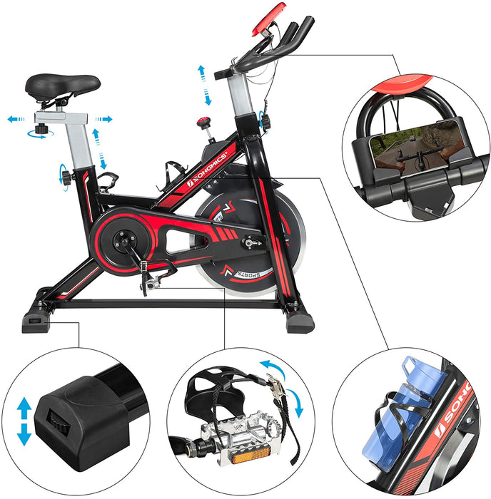 Heimtrainer, Fitnessfahrrad, Hometrainer, mit verstellbarem Lenker, Sitz und Widerstand, Pulsmessung, Pedale mit Fußkorb, schwarz-rot