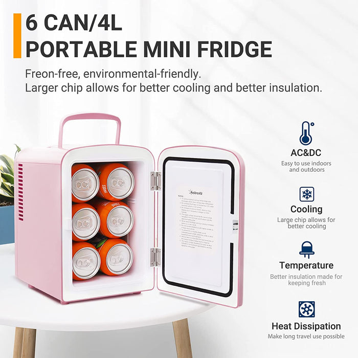 2 in 1 Mini Kühlschrank, 4 Liter Fridge mit Kühl- und Heizfunktion 12 Volt am Zigarettenanzünder und 220 Volt Steckdose für Autos, Büros, Rosa