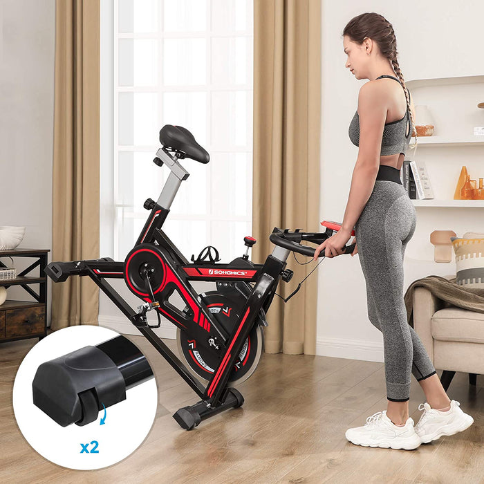 Heimtrainer, Fitnessfahrrad, Hometrainer, mit verstellbarem Lenker, Sitz und Widerstand, Pulsmessung, Pedale mit Fußkorb, schwarz-rot