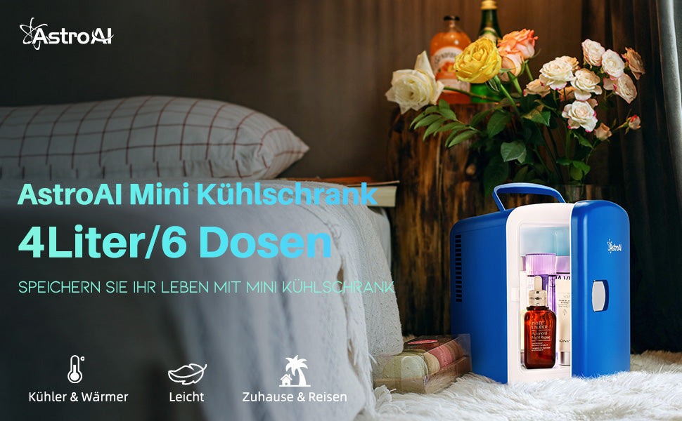 2 in 1 Mini Kühlschrank, 4 Liter Fridge mit Kühl- und Heizfunktion 12 Volt am Zigarettenanzünder und 220 Volt Steckdose für Autos, Büros, Hellblau