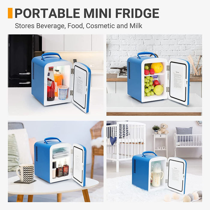 2 in 1 Mini Kühlschrank, 4 Liter Fridge mit Kühl- und Heizfunktion 12 Volt am Zigarettenanzünder und 220 Volt Steckdose für Autos, Büros, Hellblau