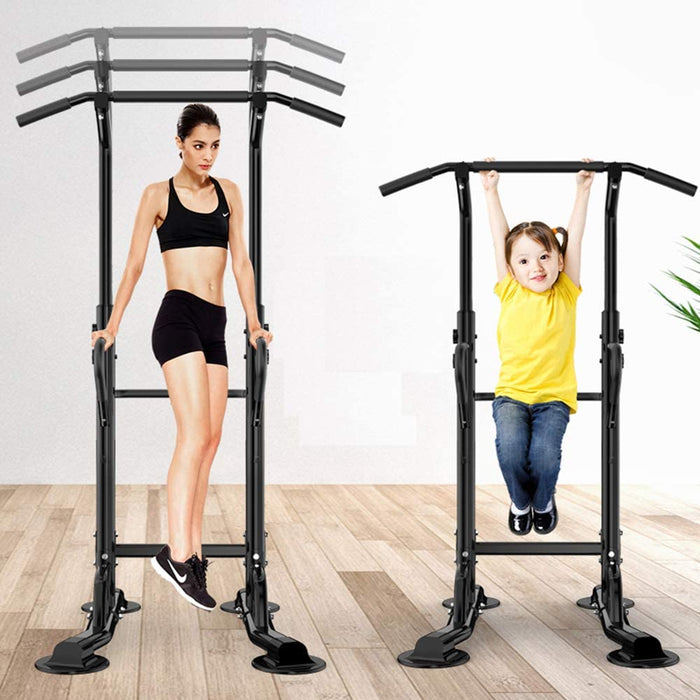 Power Tower mit Dip Station, multifunktionale Kraftstation Kraftturm Trainingsgerät Klimmzugstange und Liegestützgriffe, höhenverstellbar 190-230cm