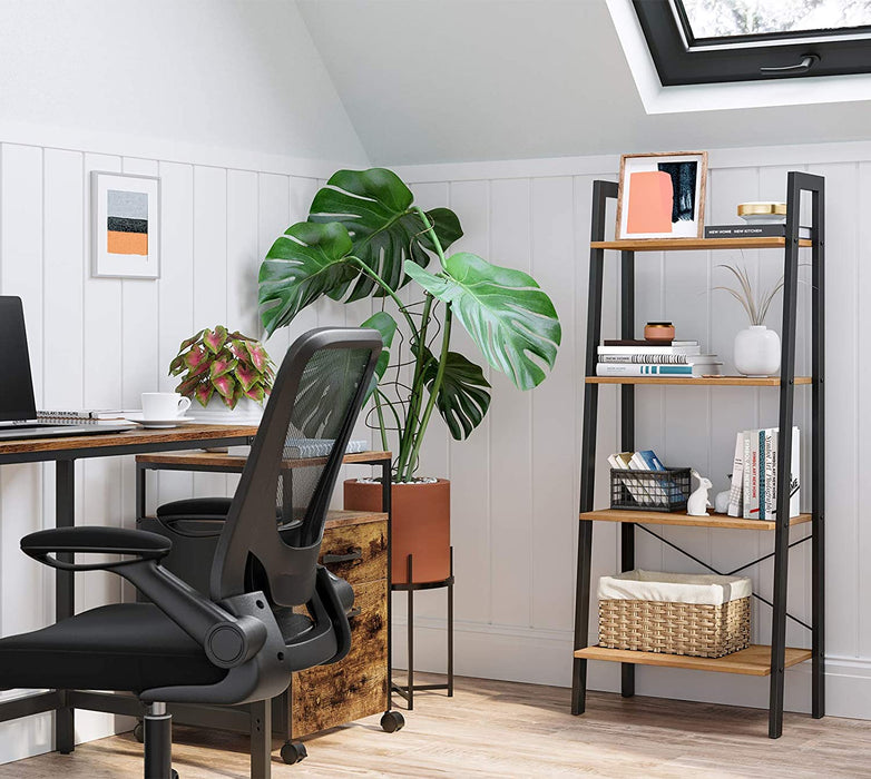 Standregal, Bücherregal, 4 Ebenen Leiterregal, stabiles Metallgestell, einfache Montage, für Wohnzimmer, Schlafzimmer, Küche, honigbraun-schwarz
