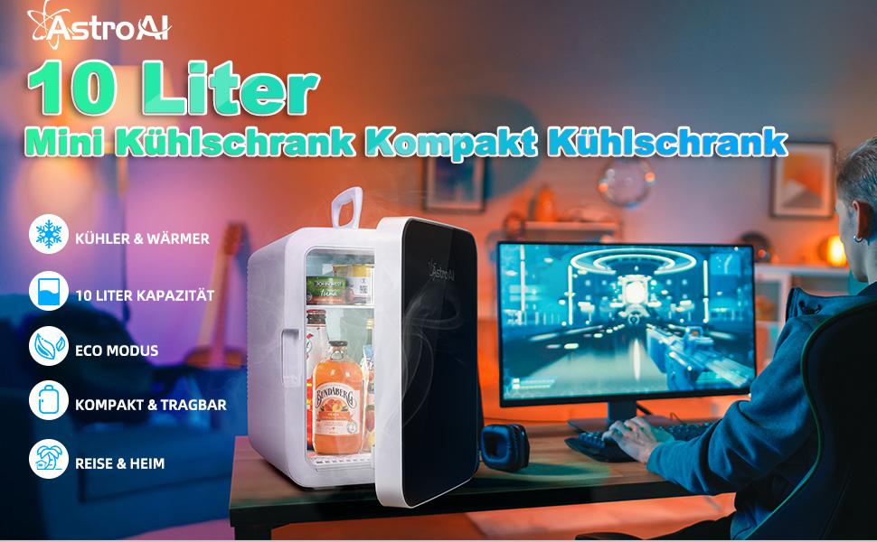 Mini Kühlschrank, 10 Liter / 15 Dosen Fridge mit Kühl/Heizfunktion und AC/DC Stromversorgung, Tragbare Kosmetik Kühlschrank für Lebensmittel