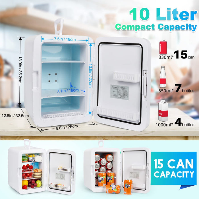 Mini Kühlschrank, 10 Liter / 15 Dosen Fridge mit Kühl/Heizfunktion und AC/DC Stromversorgung, Tragbare Kosmetik Kühlschrank für Lebensmittel