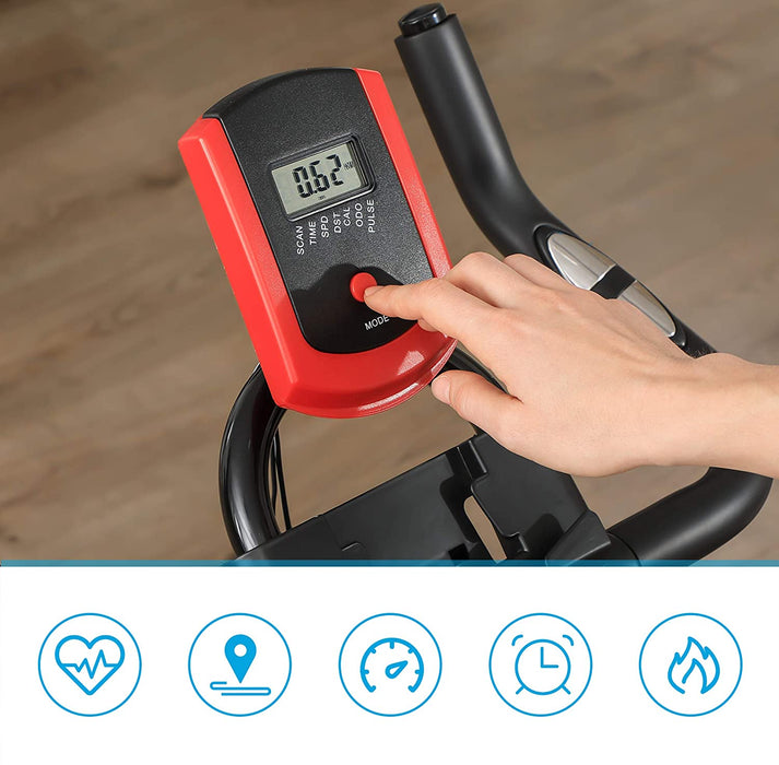 Heimtrainer, Fitnessfahrrad, Hometrainer, mit verstellbarem Lenker, Sitz und Widerstand, Pulsmessung, Pedale mit Fußkorb, schwarz-rot