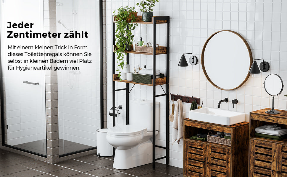 Toilettenregal, Badezimmerregal, Waschmaschinenregal, Badregal mit 3 offenen Ablagen, platzsparend, einfache Montage, Industrie-Design, vintagebraun